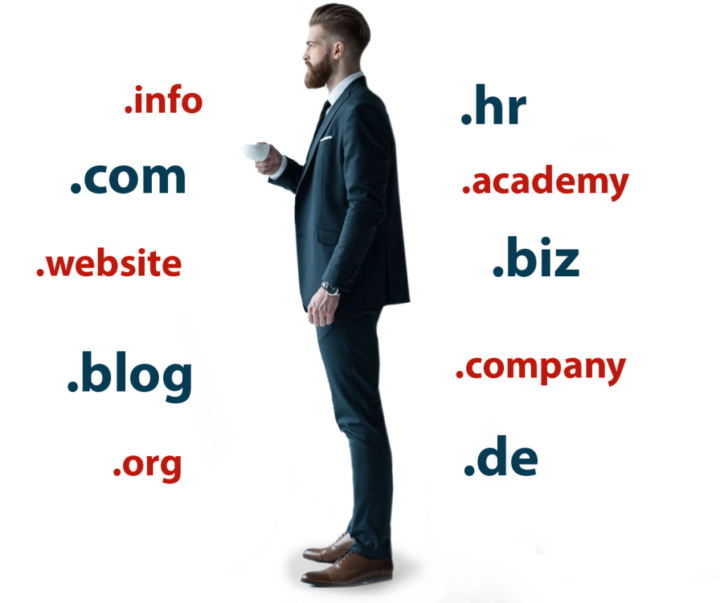 A savvy entrepreneur enjoys a cup of coffee while carefully selecting the perfect domain name for their business.